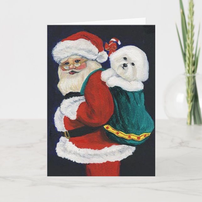 "Bichon Frise and Santa" Dog Art Christmas Card (Front)