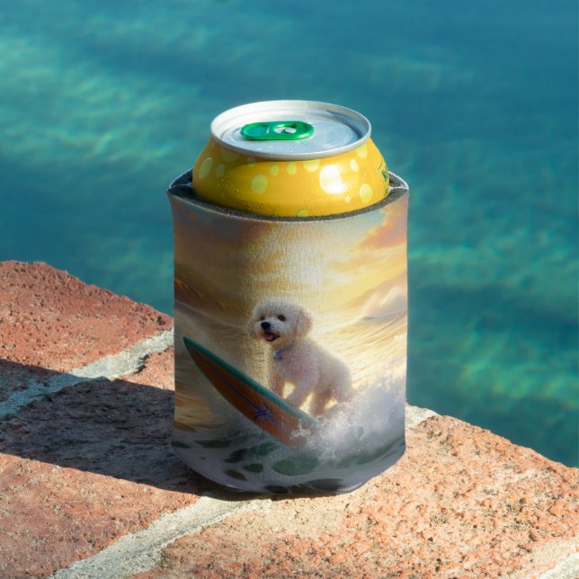 Bichon Frise Beach Surfing Painting  Can Cooler (In Situ Pool)