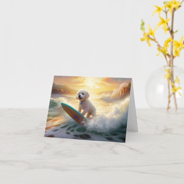 Bichon Frise Beach Surfing Painting  Card (Yellow Flower)