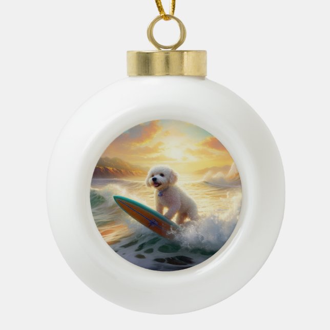 Bichon Frise Beach Surfing Painting  Ceramic Ball Christmas Ornament (Front)