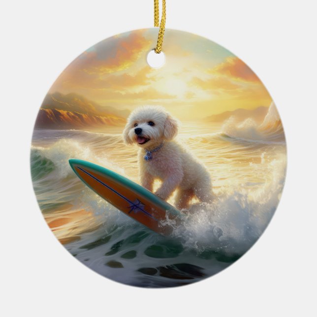 Bichon Frise Beach Surfing Painting  Ceramic Tree Decoration (Front)