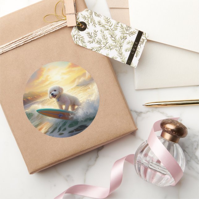 Bichon Frise Beach Surfing Painting  Classic Round Sticker (Gifting)