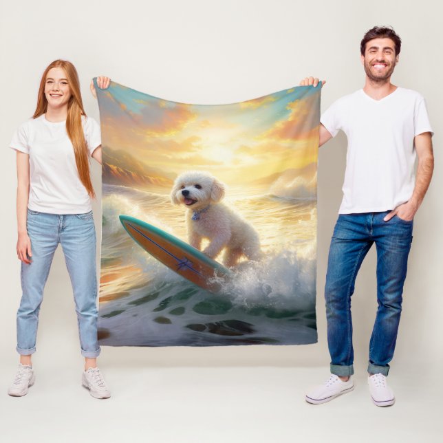 Bichon Frise Beach Surfing Painting  Fleece Blanket (In Situ)