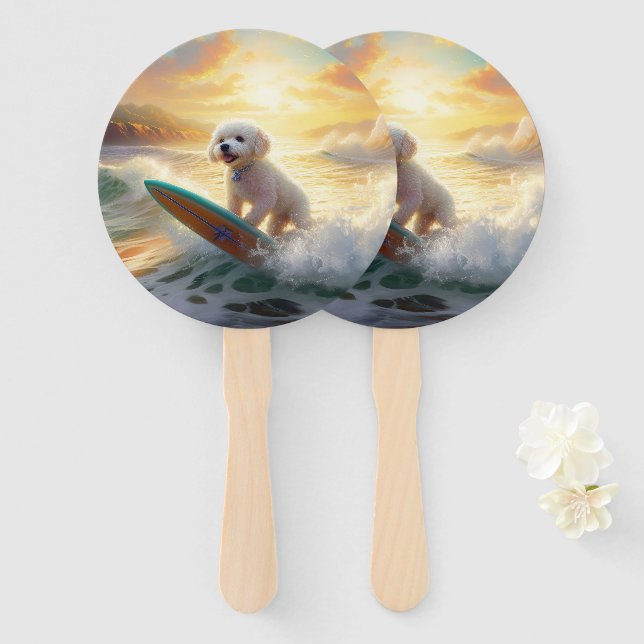 Bichon Frise Beach Surfing Painting  Hand Fan (Front and Back)