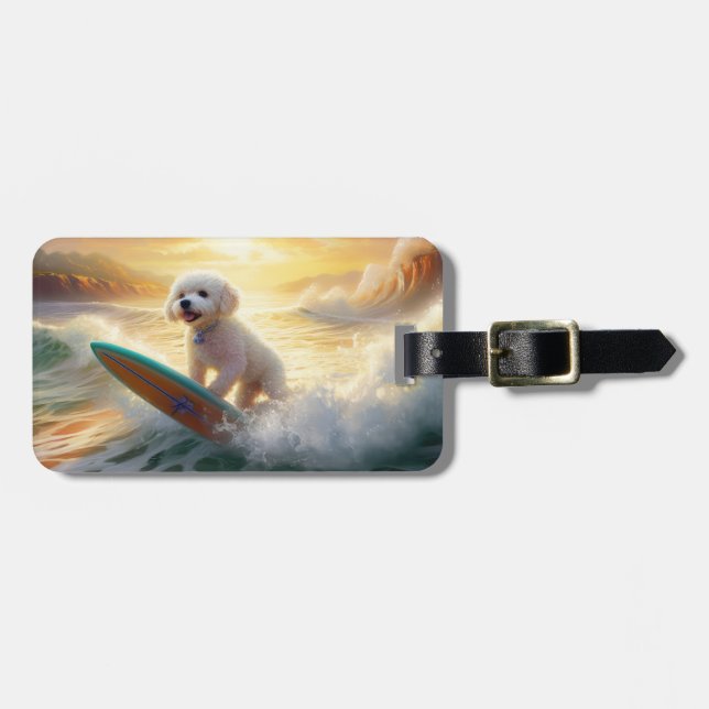 Bichon Frise Beach Surfing Painting  Luggage Tag (Front Horizontal)