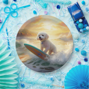 Bichon Frise Beach Surfing Painting  Paper Plate