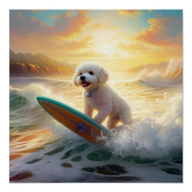Bichon Frise Beach Surfing Painting  Poster (Front)