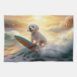 Bichon Frise Beach Surfing Painting Tea Towel