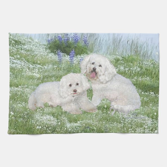 Bichon Frise Bluebonnets Tea Towel (Horizontal)
