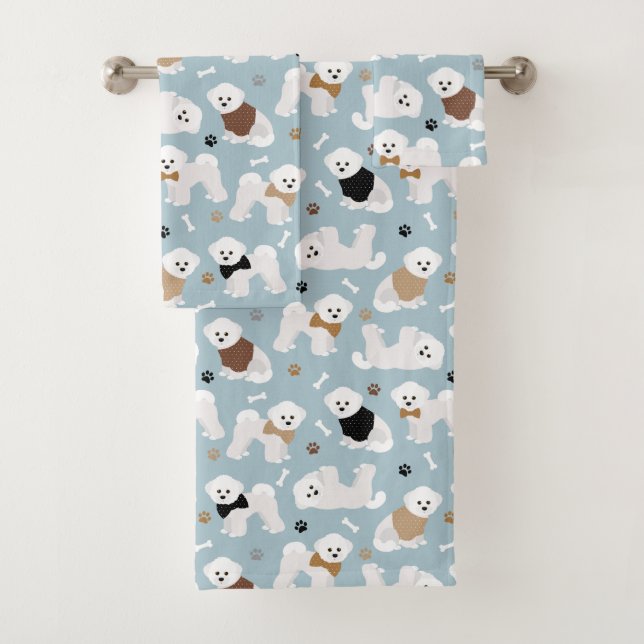 Bichon Frise Bones and Paws Blue Bath Towel Set (Insitu)