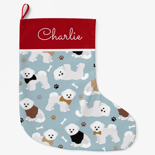 Bichon Frise Bones and Paws Blue Large Christmas Stocking (Front)