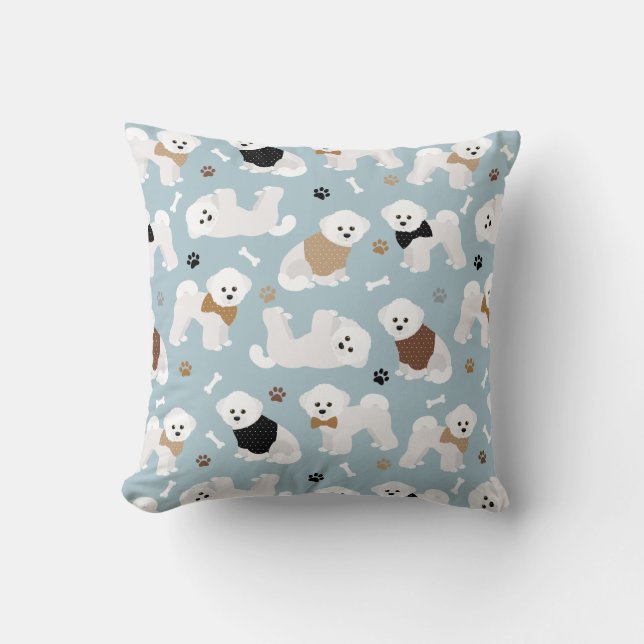 Bichon Frise Bones and Paws Blue Throw Pillow (Front)
