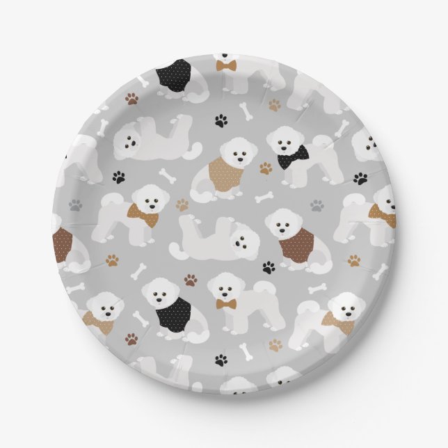Bichon Frise Bones and Paws Grey Paper Plate (Front)