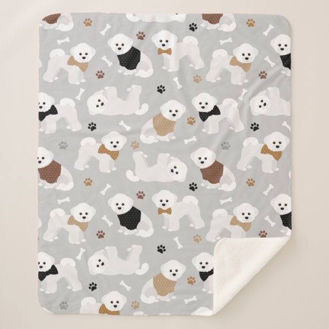Bichon Frise Bones and Paws Grey Sherpa Blanket (Front)