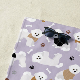 Bichon Frise Bones and Paws Purple Beach Towel