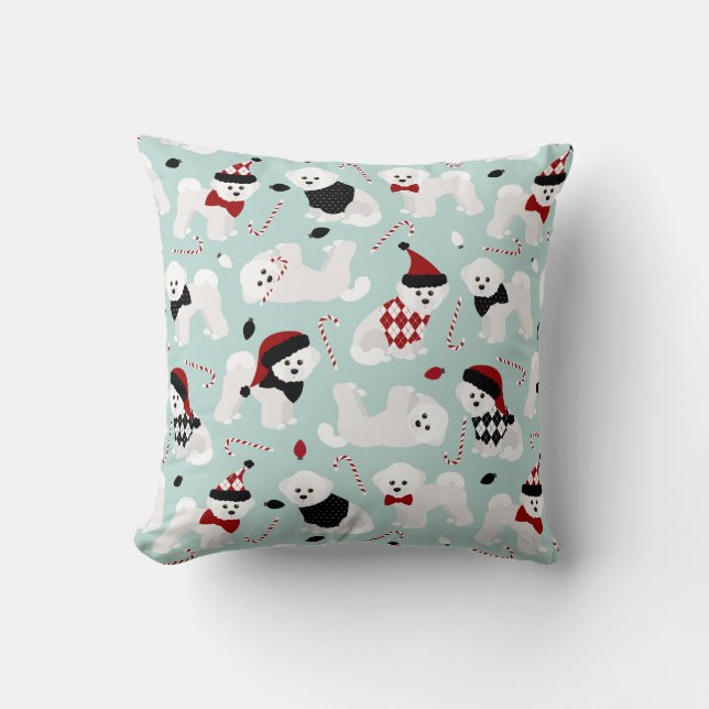 Bichon Frise Christmas Blue Throw Pillow (Front)