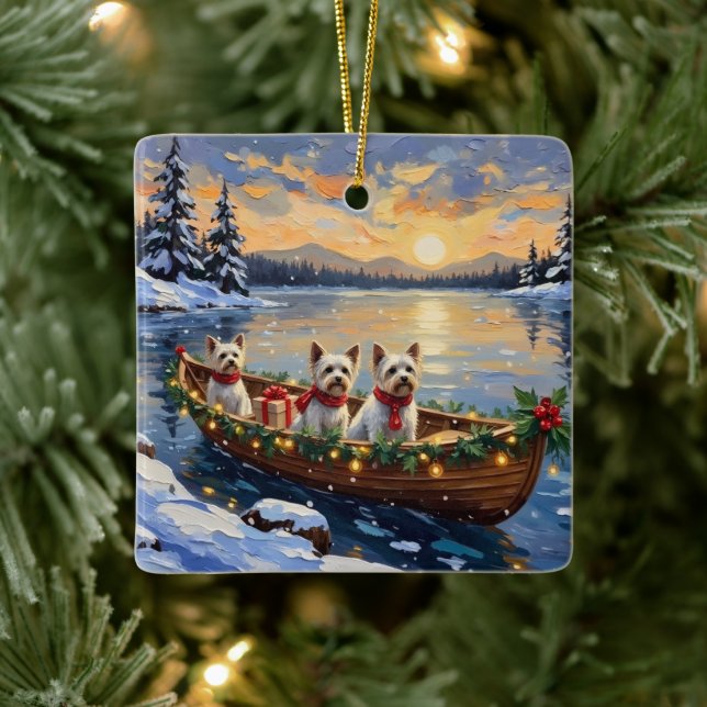 Bichon Frise Christmas Boat Holiday Ceramic Ornament (Tree)