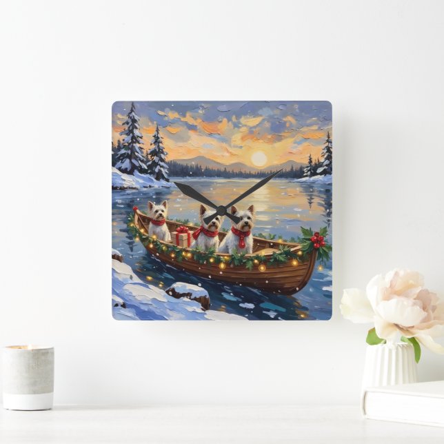Bichon Frise Christmas Boat Holiday Square Wall Clock (Home)