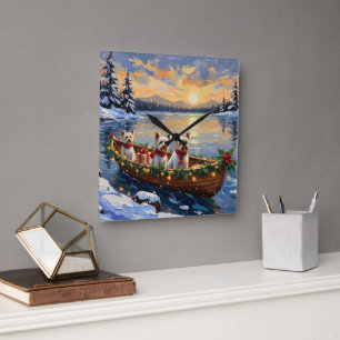 Bichon Frise Christmas Boat Holiday Square Wall Clock