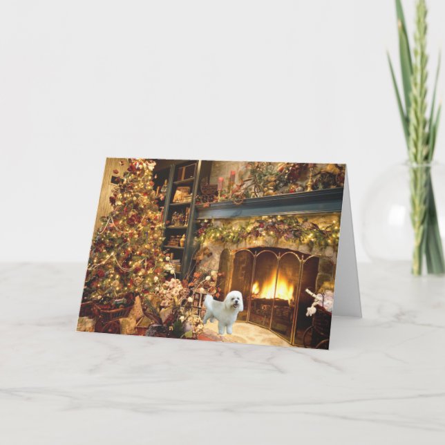 Bichon Frise Christmas Card Fireplace (Front)