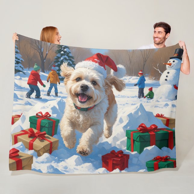 Bichon Frise Christmas Festive Snow Scene Fleece Blanket (In Situ)