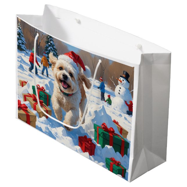 Bichon Frise Christmas Festive Snow Scene Large Gift Bag (Front Angled)