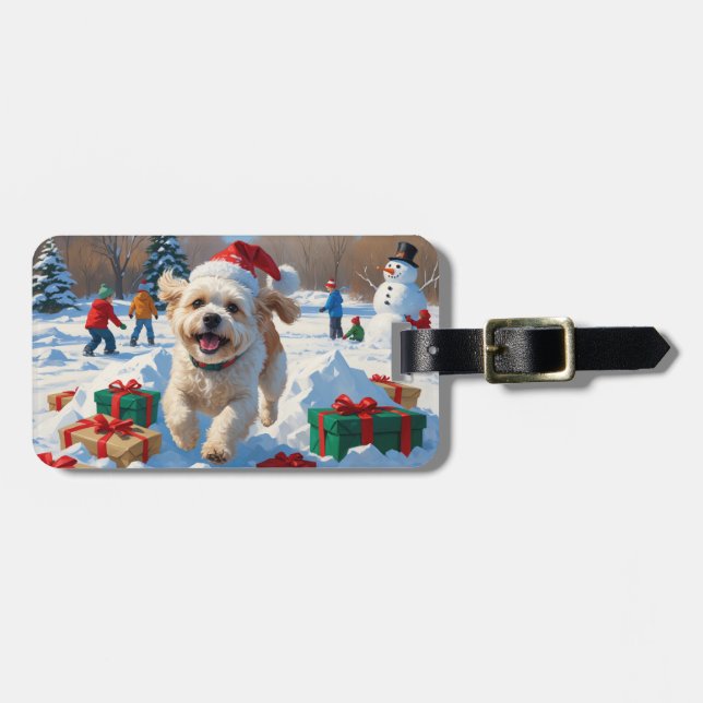 Bichon Frise Christmas Festive Snow Scene Luggage Tag (Front Horizontal)