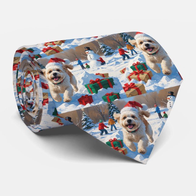Bichon Frise Christmas Festive Snow Scene Tie (Rolled)