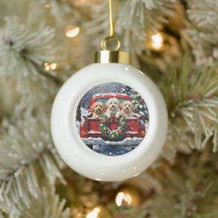 Bichon Frise Christmas Red Truck Holiday Ceramic Ball Christmas Ornament