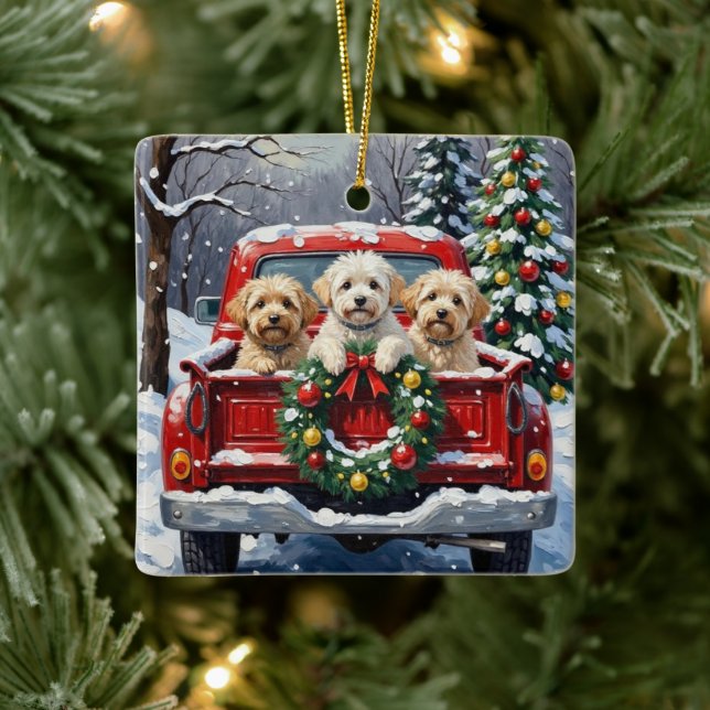Bichon Frise Christmas Red Truck Holiday Ceramic Ornament (Tree)