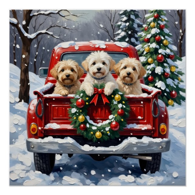 Bichon Frise Christmas Red Truck Holiday Poster (Front)