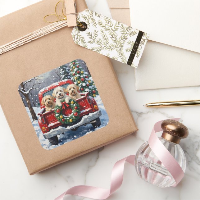 Bichon Frise Christmas Red Truck Holiday Square Sticker (Gifting)