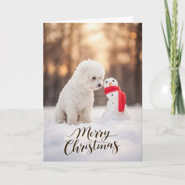 Bichon Frise Christmas Snowman Holiday Card (Front)