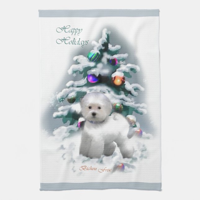 Bichon Frise Christmas Tea Towel (Vertical)