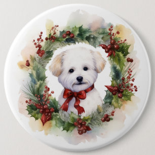 Bichon Frise Christmas Wreath Festive Pup 6 Cm Round Badge