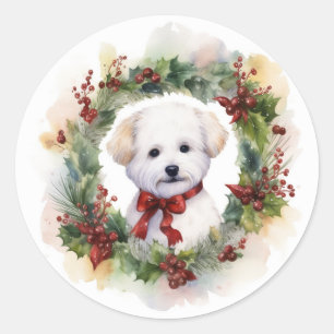 Bichon Frise Christmas Wreath Festive Pup Classic Round Sticker