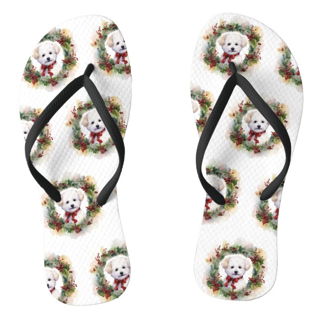 Bichon Frise Christmas Wreath Festive Pup Flip Flops (Footbed)