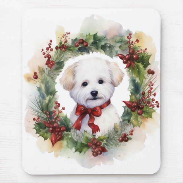 Bichon Frise Christmas Wreath Festive Pup Mouse Mat (Front)