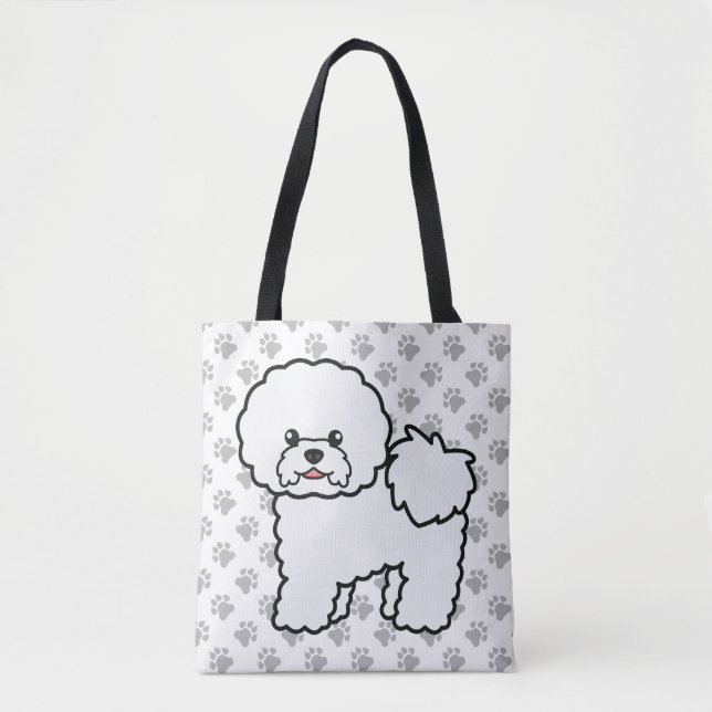 Bichon Frise Cute Cartoon Dog & Paws Tote Bag (Front)