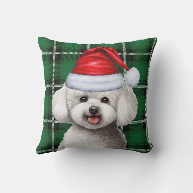 Bichon Frise Dog and Green Holiday Plaid Christmas Cushion (Back)