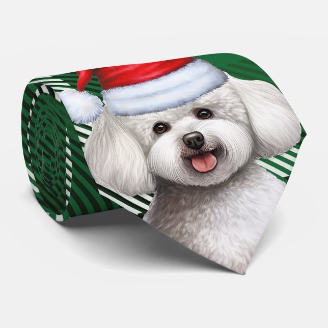 Bichon Frise Dog and Green Plaid Christmas Tie (Rolled)