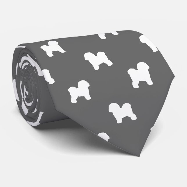 Bichon Frise Dog Breed Silhouettes Pattern Grey Tie (Rolled)