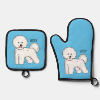 Bichon frise dog cartoon illustration oven mitt & pot holder set