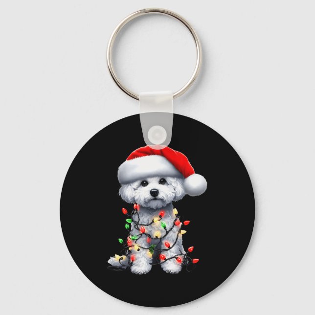 Bichon Frise Dog Christmas Lights Santa Hat Dog Lo Key Ring (Front)