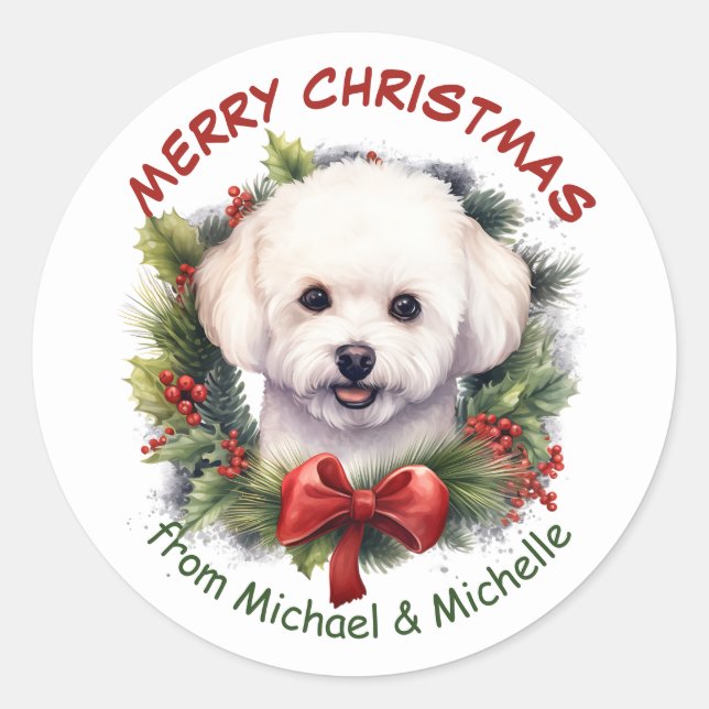 Bichon Frise Dog Christmas Red Bow Wreath Classic Round Sticker (Front)