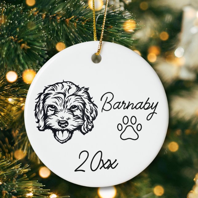 Bichon Frise Dog Custom Name & Year Line Art Ceramic Tree Decoration (Bichon Friese Dog Custom Name and Year Ornament with Paw Print. Black and White Line Art Modern)