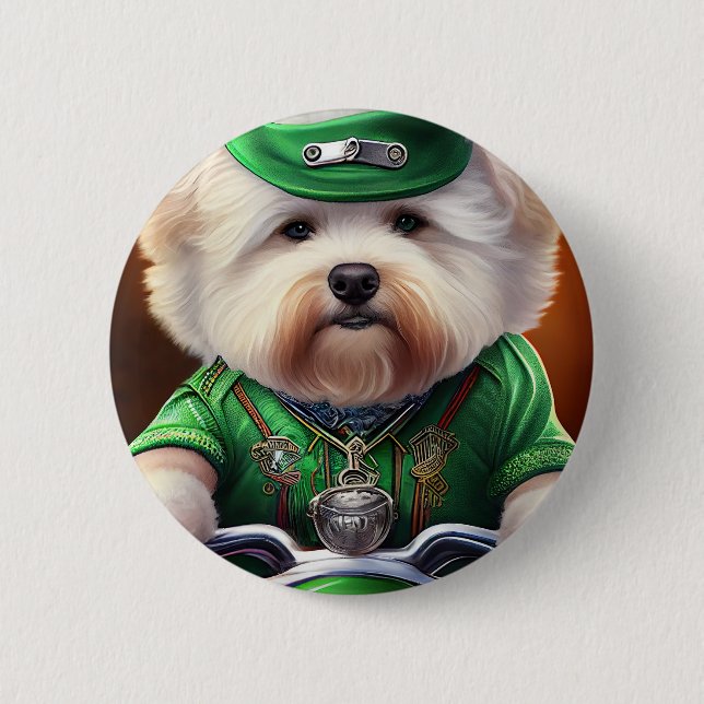 Bichon Frisé Dog Driving Bike St. Patrick's Day 6 Cm Round Badge (Front)