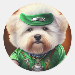 Bichon Frisé Dog Driving Bike St. Patrick's Day Classic Round Sticker