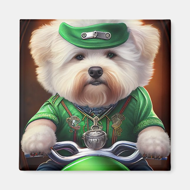 Bichon Frisé Dog Driving Bike St. Patrick's Day Magnet (Front)
