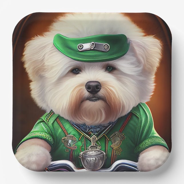 Bichon Frisé Dog Driving Bike St. Patrick's Day Paper Plate (Front)